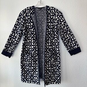 Ann Taylor Womens Cardigan Duster Size Large Open Front Pockets Geometric Design